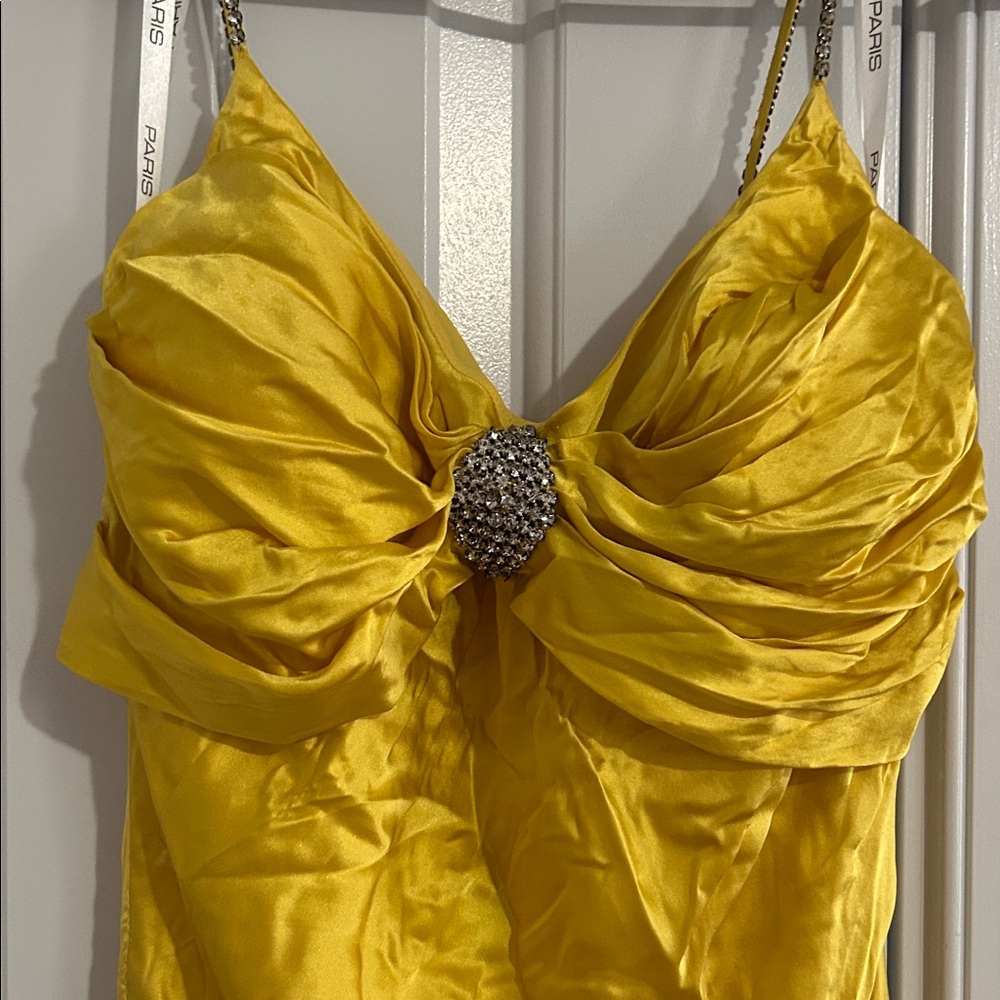 Aris Yellow Satin Strap Detail Evening Dress - Picture 2 of 8